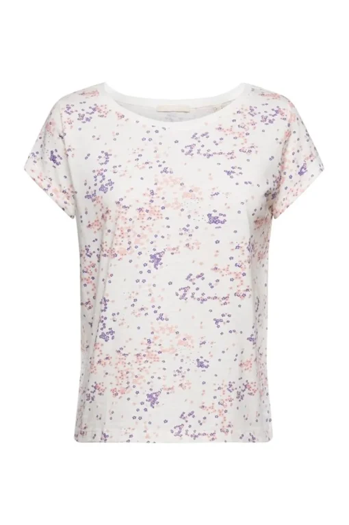 EDC Baumwoll-T-Shirt mit floralem Print weiß S23 023CC1K307
