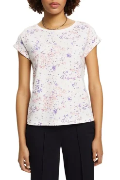 EDC Baumwoll-T-Shirt mit floralem Print weiß S23 023CC1K307