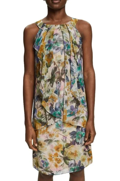 ESPRIT COLLECTION Chiffonkleid florales Muster Knielang weiß S12 032EO1E348