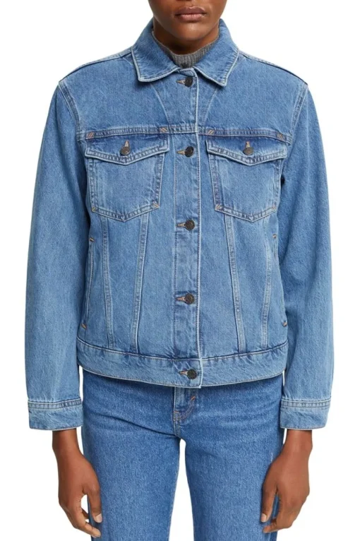 ESPRIT Denim-Jacke reine Baumwolle Schlaufe am Saum blau NOS 992EE1G311