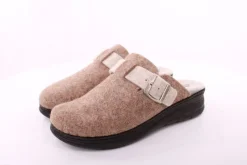 Fuß Bequem Damen Hausschuh Pantolette Wechselfußbett Zierschnalle beige S23 5025/01