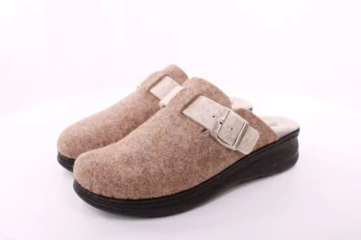 Fuß Bequem Damen Hausschuh Pantolette Wechselfußbett Zierschnalle beige S23 5025/01