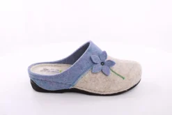 Fuß Bequem Damen Hausschuh Pantolette Blumen-Detail grün, grau S23 203/01