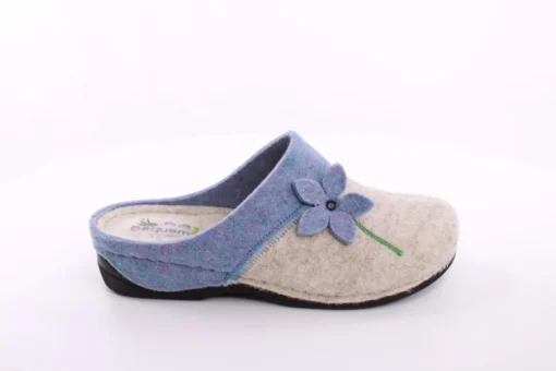 Fuß Bequem Damen Hausschuh Pantolette Blumen-Detail grün, grau S23 203/01