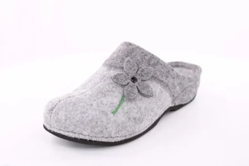 Fuß Bequem Damen Hausschuh Pantolette Blumen-Detail grün, grau S23 203/01