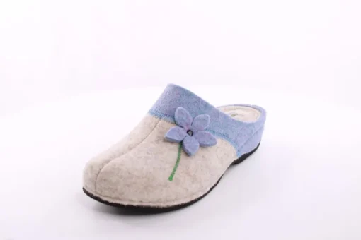 Fuß Bequem Damen Hausschuh Pantolette Blumen-Detail grün, grau S23 203/01