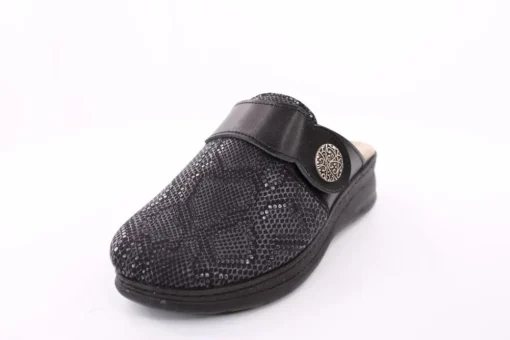 Fuß Bequem Damen Hausschuh Pantolette Klettverschluss Wechselfußbett schwarz S23 5027/9-48