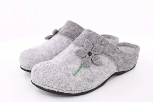 Fuß Bequem Damen Hausschuh Pantolette Blumen-Detail grün, grau S23 203/01