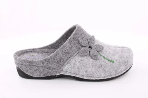 Fuß Bequem Damen Hausschuh Pantolette Blumen-Detail grün, grau S23 203/01