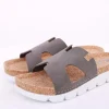 Fuß Bequem Damen Pantolette Leder Kork- Fußbett grau beige S14 9000