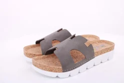 Fuß Bequem Damen Pantolette Leder Kork- Fußbett grau beige S14 9000
