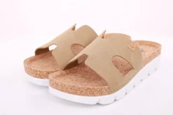 Fuß Bequem Damen Pantolette Leder Kork- Fußbett grau beige S14 9000