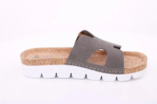 Fuß Bequem Damen Pantolette Leder Kork- Fußbett grau beige S14 9000