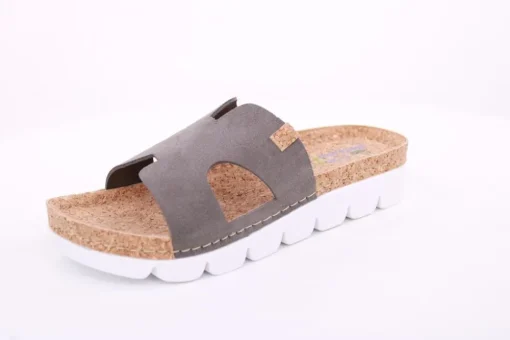 Fuß Bequem Damen Pantolette Leder Kork- Fußbett grau beige S14 9000