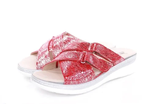 Fußbequem Damen Pantolette Wechselfußbett metallisch glänzend rot S213 5013