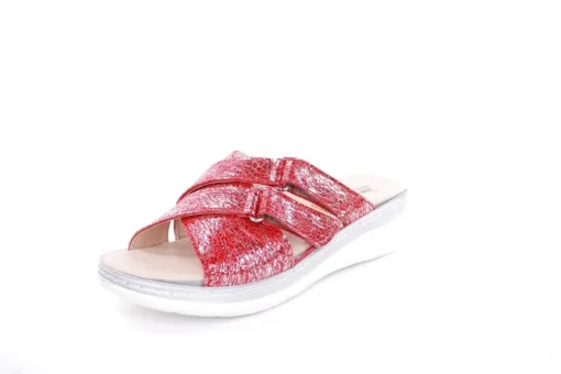 Fußbequem Damen Pantolette Wechselfußbett metallisch glänzend rot S213 5013