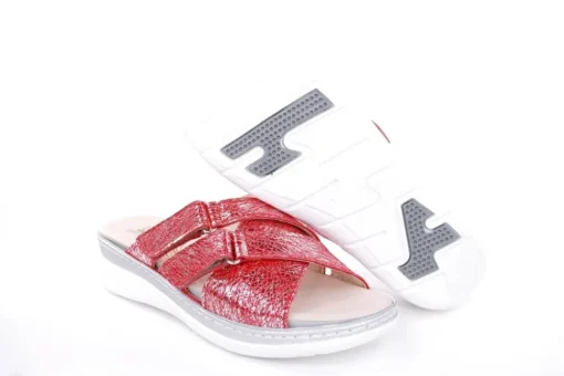 Fußbequem Damen Pantolette Wechselfußbett metallisch glänzend rot S213 5013