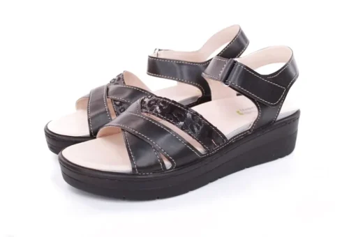 Fußbequem Damen Sandale Leder Wechselfußbett Klettverschluss schwarz S13 10301