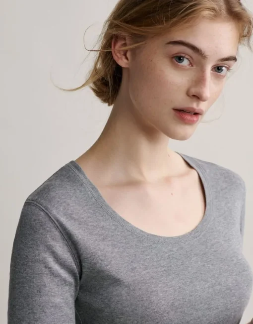 OPUS Langarmshirt Sorana Rundhalsausschnitt schmale Passform weiß, grau S22 236879343