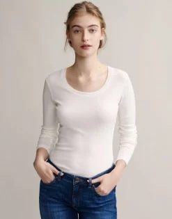 OPUS Langarmshirt Sorana Rundhalsausschnitt schmale Passform weiß, grau S22 236879343