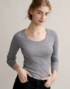 OPUS Langarmshirt Sorana Rundhalsausschnitt schmale Passform weiß, grau S22 236879343