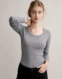 OPUS Langarmshirt Sorana Rundhalsausschnitt schmale Passform weiß, grau S22 236879343