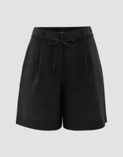 OPUS Leinenshorts MARILLA Wide mit Bundfalten schwarz S14 10290410671100
