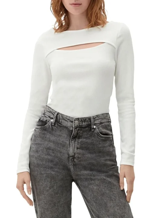 QS designed by Langarmshirt mit Cut-Out weiß, schwarz S13 2127642