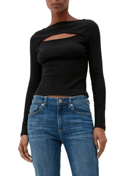 QS designed by Langarmshirt mit Cut-Out weiß, schwarz S13 2127642