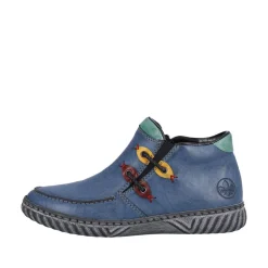 Rieker Damen Slipper blau grau bunte Patches S23 N0959-14