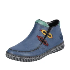 Rieker Damen Slipper blau grau bunte Patches S23 N0959-14