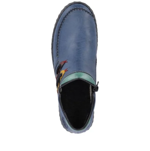 Rieker Damen Slipper blau grau bunte Patches S23 N0959-14