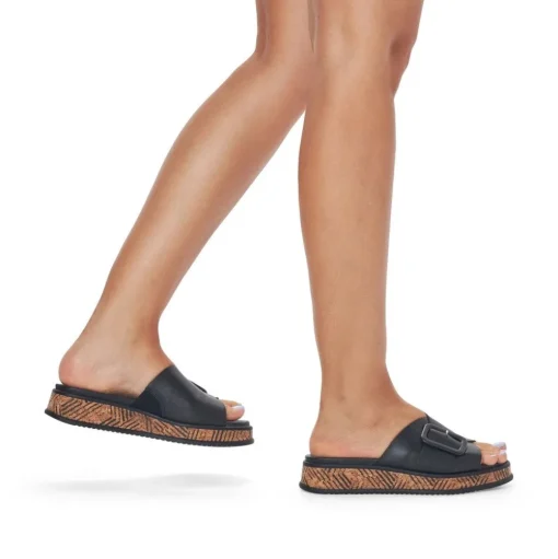 Rieker EVOLUTION Damen Pantolette dekorative Schnalle Sohle Korkoptik Leder schwarz S13 W0803-00