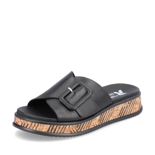 Rieker EVOLUTION Damen Pantolette dekorative Schnalle Sohle Korkoptik Leder schwarz S13 W0803-00