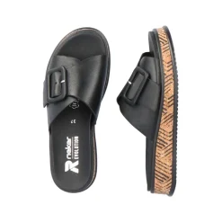 Rieker EVOLUTION Damen Pantolette dekorative Schnalle Sohle Korkoptik Leder schwarz S13 W0803-00