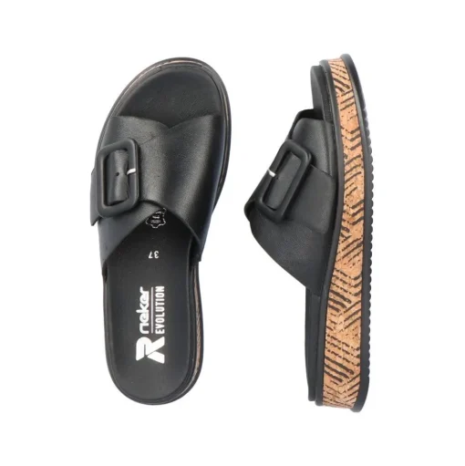 Rieker EVOLUTION Damen Pantolette dekorative Schnalle Sohle Korkoptik Leder schwarz S13 W0803-00