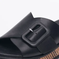 Rieker EVOLUTION Damen Pantolette dekorative Schnalle Sohle Korkoptik Leder schwarz S13 W0803-00