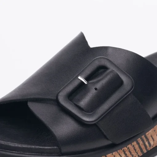 Rieker EVOLUTION Damen Pantolette dekorative Schnalle Sohle Korkoptik Leder schwarz S13 W0803-00
