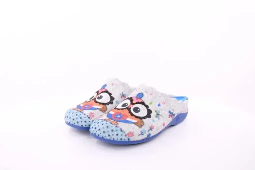 s`knöpfli Damen Hausschuh Pantolette Wechselfußbett Eulenmotiv blau S23 Z29403P