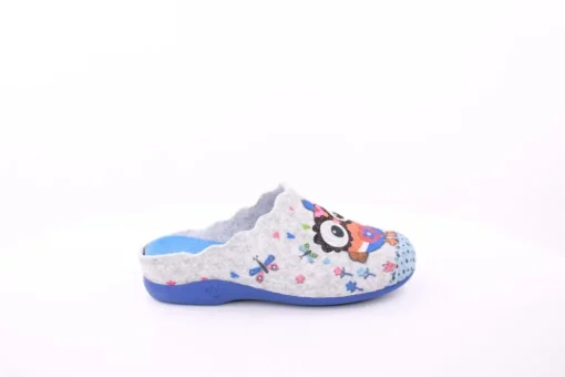 s`knöpfli Damen Hausschuh Pantolette Wechselfußbett Eulenmotiv blau S23 Z29403P