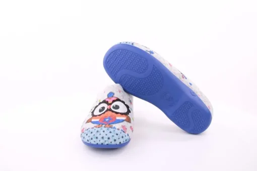 s`knöpfli Damen Hausschuh Pantolette Wechselfußbett Eulenmotiv blau S23 Z29403P