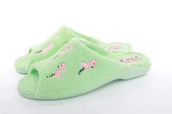s`knöpfli Damen Pantolette Hausschuh Frottee Flamingo- Motiv grün S13 Z28814