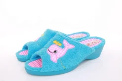 s`knöpfli Damen Pantolette Hausschuh Frottee Motiv- Druck blau S13 K27314