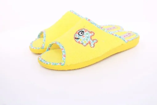 s`knöpfli Damen Pantolette Hausschuh Frottee Fisch- Motiv gelb S13 X27462
