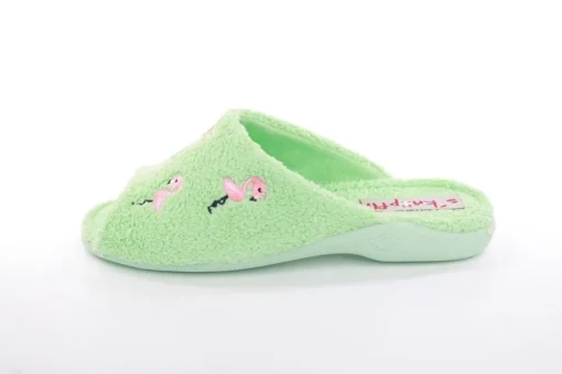 s`knöpfli Damen Pantolette Hausschuh Frottee Flamingo- Motiv grün S13 Z28814