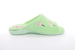 s`knöpfli Damen Pantolette Hausschuh Frottee Flamingo- Motiv grün S13 Z28814