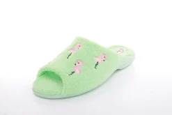 s`knöpfli Damen Pantolette Hausschuh Frottee Flamingo- Motiv grün S13 Z28814