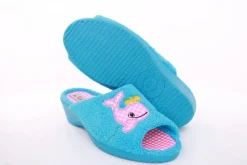 s`knöpfli Damen Pantolette Hausschuh Frottee Motiv- Druck blau S13 K27314