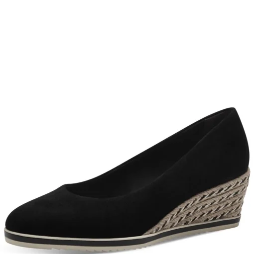 Tamaris Damen Keilpumps Leder TOUCHit- Fußbett Anti Slide Bastverzierung schwarz S14 1-22303-42